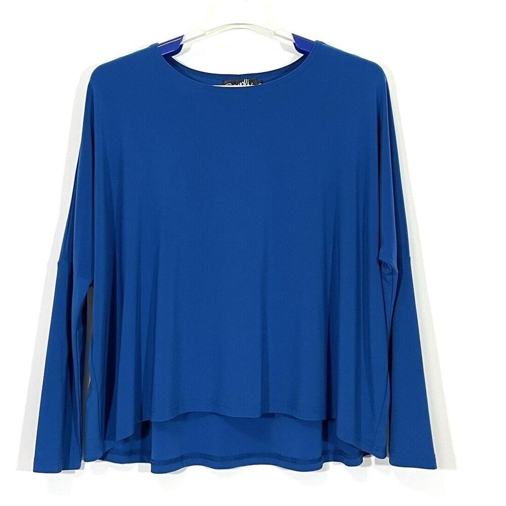 SYMPLI Womens Size 6 Solid Blue Hi Low Stretch Tunic Top Shirt Lagenlook Artsy